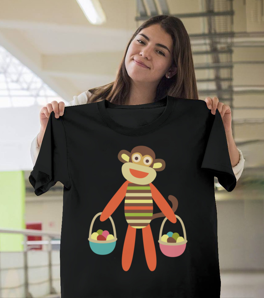 Sock Monkey Holding Easter Baskets with Colorful Eggs T-Shirt