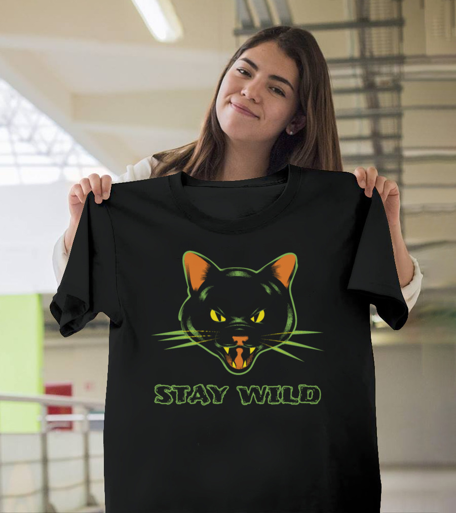 Stay Wild Black Cat Fierce Neon Glow T-Shirt