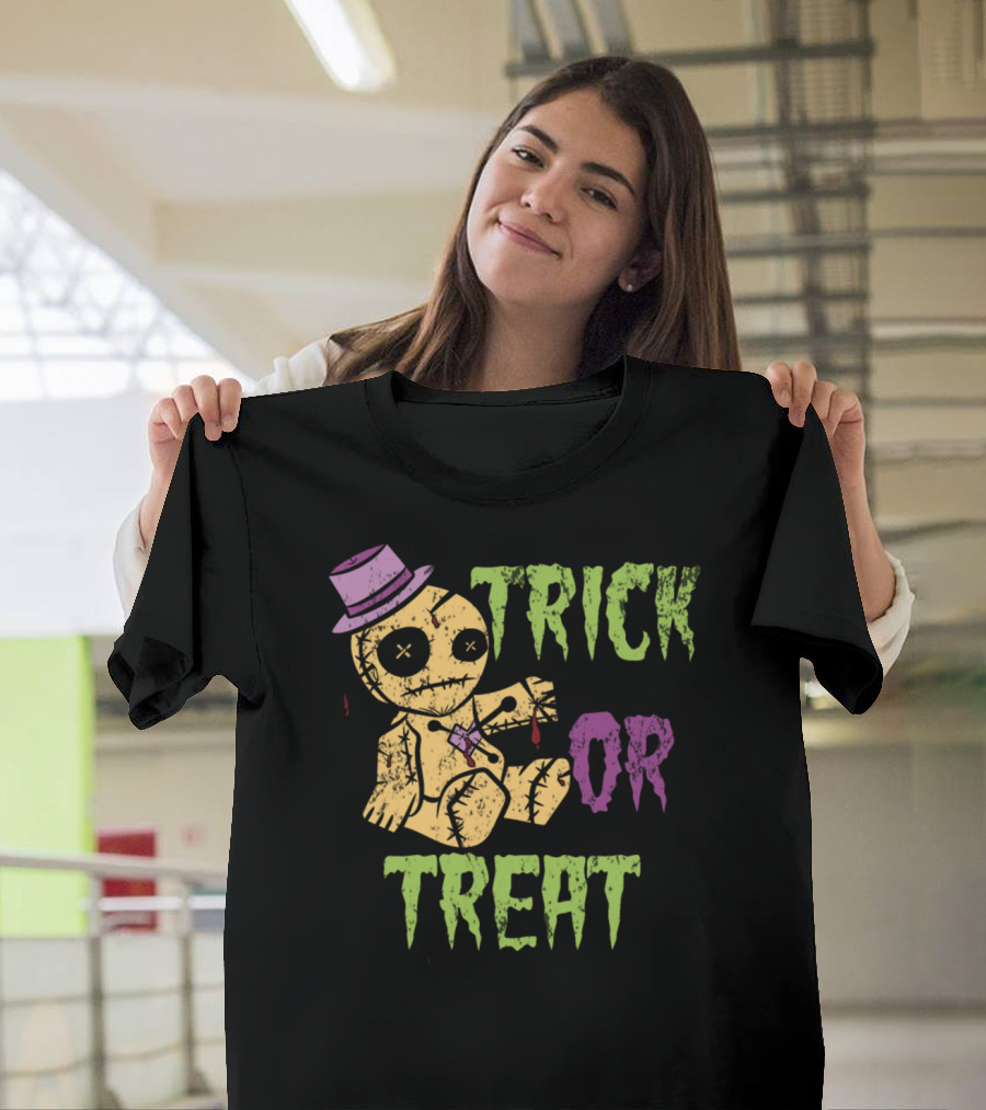 Trick or Treat Halloween Voodoo Doll with Purple Hat and Stitch Details T-Shirt