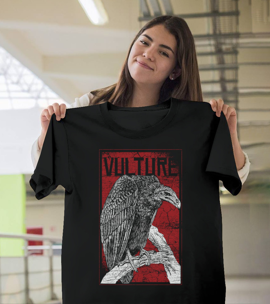 Vulture Vintage Illustration on Crimson Branch Background T-Shirt