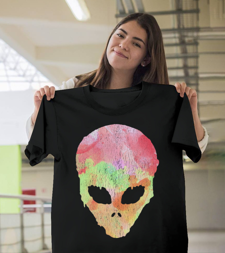 Watercolor Alien Colorful Skull Universal Grunge T-Shirt