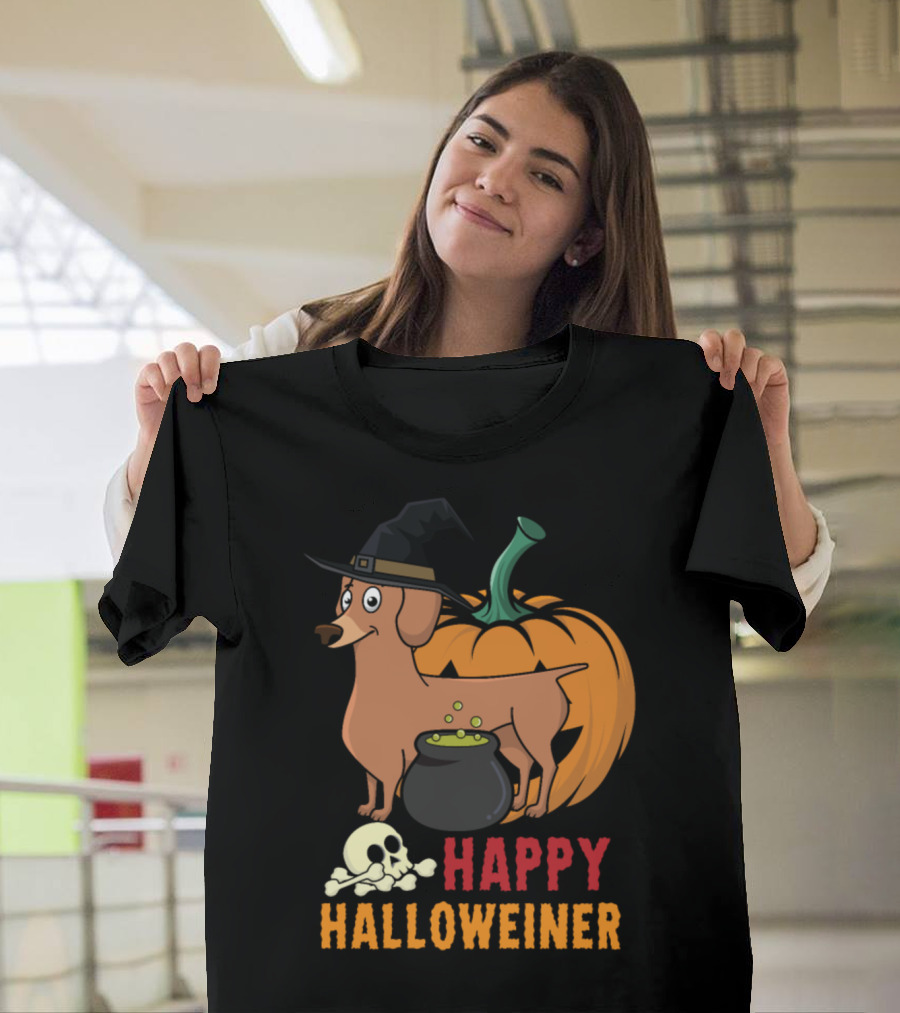 Happy Halloween Weiner Dog with Witch Hat and Pumpkin T-Shirt
