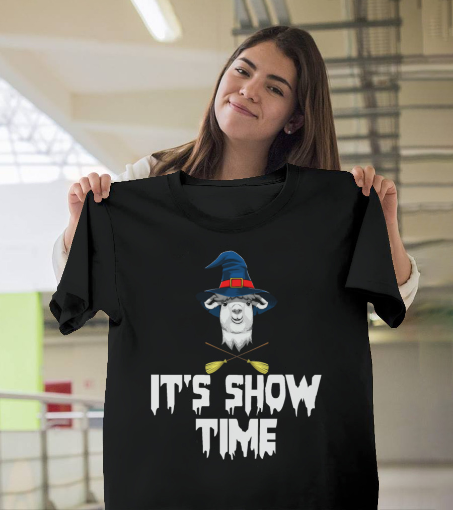 Witch Llama It's Show Time Wizard Hat Broomsticks T-Shirt