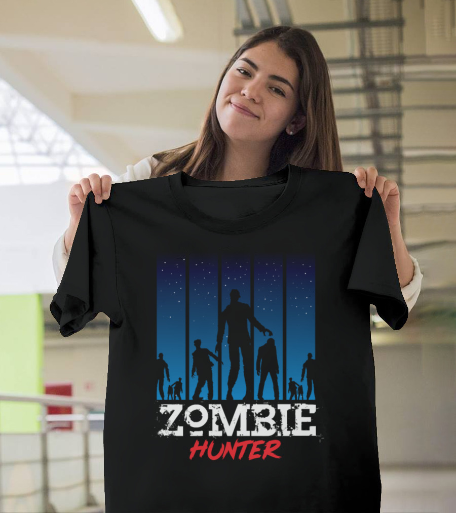 Zombie Hunter Silhouette Against Night Sky T-Shirt