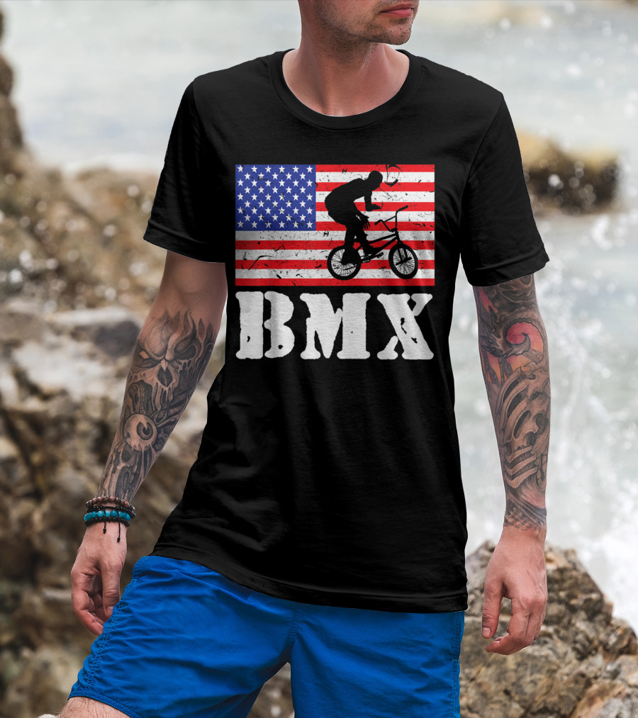 Distressed USA American Flag BMX Riding T-Shirt