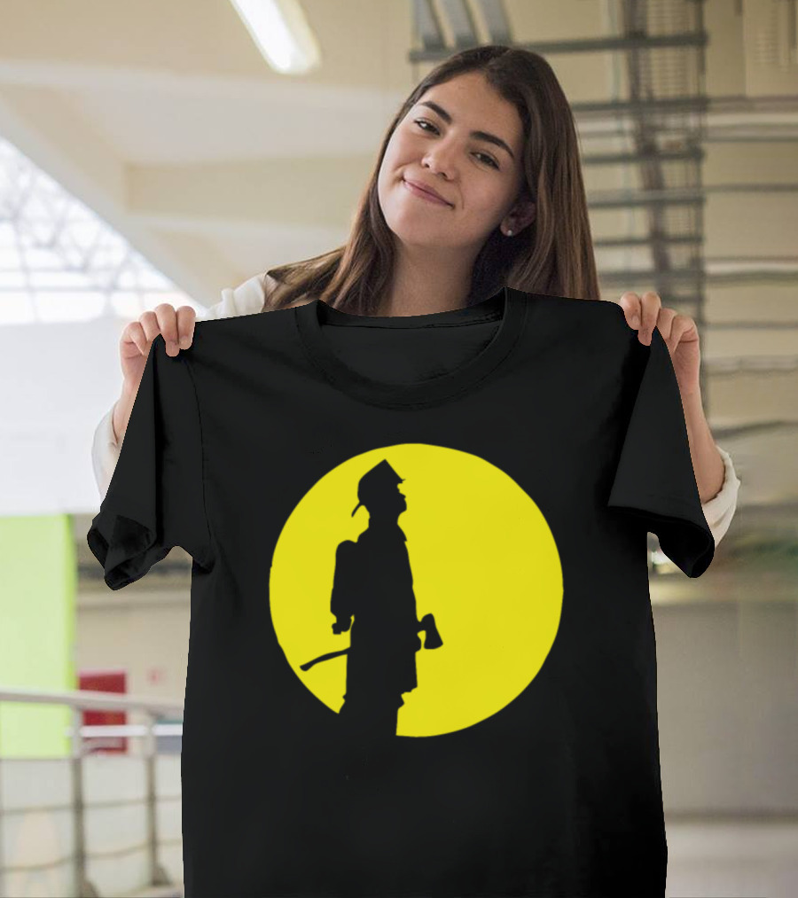 Silhouette Of A Firefighter Against Yellow Moon T-Shirt