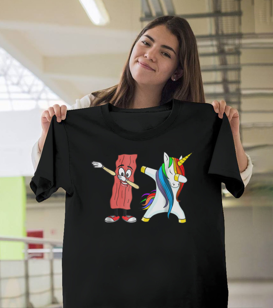 Funny Rainbow Unicorn and Bacon Dabbing Together T-Shirt