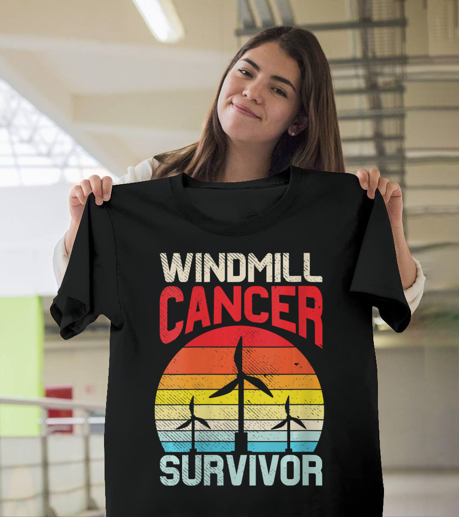 Windmill Cancer Survivor Sunset Retro Stripes T-Shirt