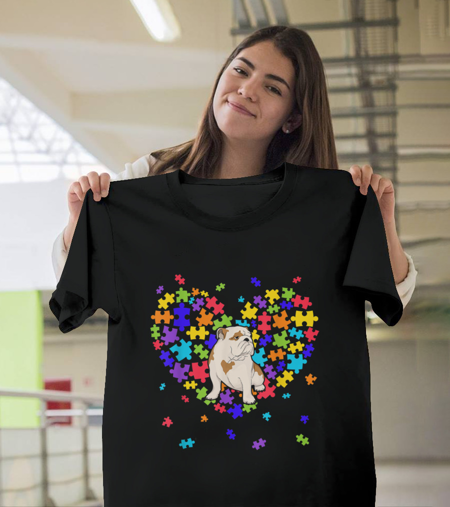 Autism Awareness English Bulldog Heart with Colorful Puzzle Pieces T-Shirt