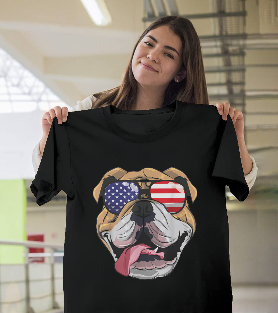 English Bulldog Patriotic American Flag Sunglasses 4th of July T-Shirt