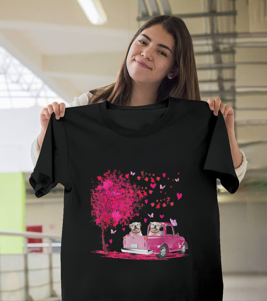 English Bulldog Couple Pink Truck Hearts and Butterflies Valentine's T-Shirt