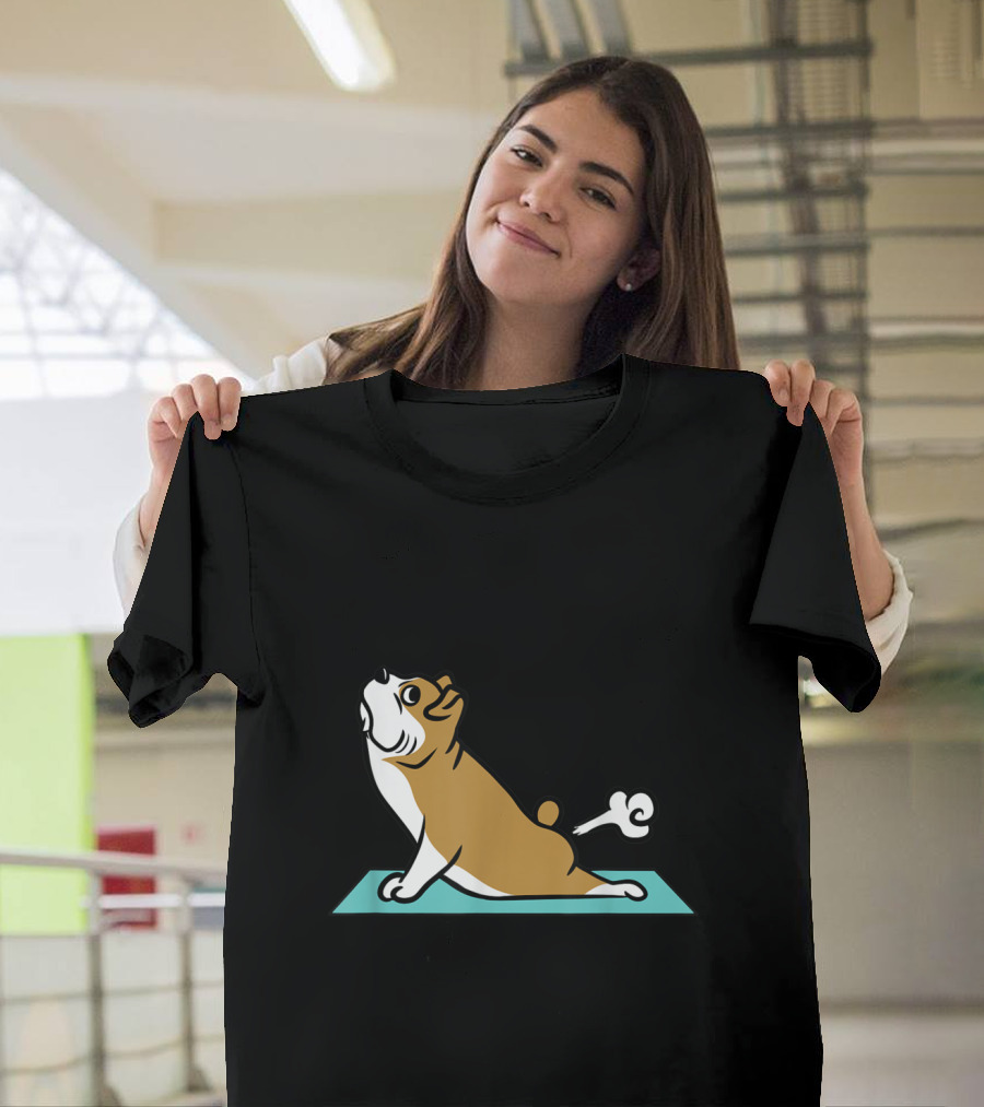 English Bulldog Yoga Pose Funny Dog Farting on Mat T-Shirt