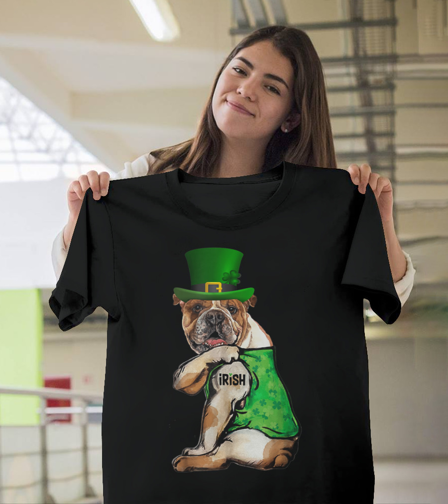 Leprechaun Hat Wearing English Bulldog with Irish Tattoo and Green Shamrock Vest T-Shirt