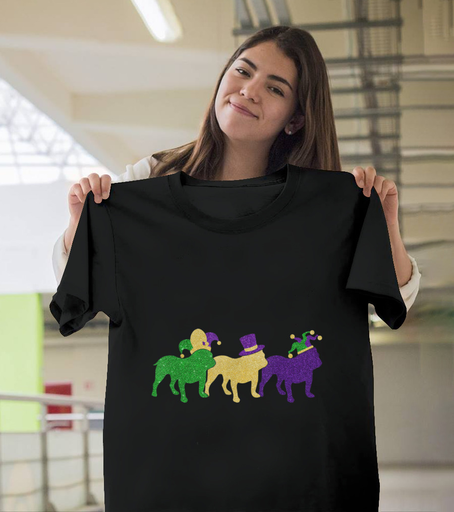 Mardi Gras English Bulldog Trio with Beads and Jester Hats T-Shirt