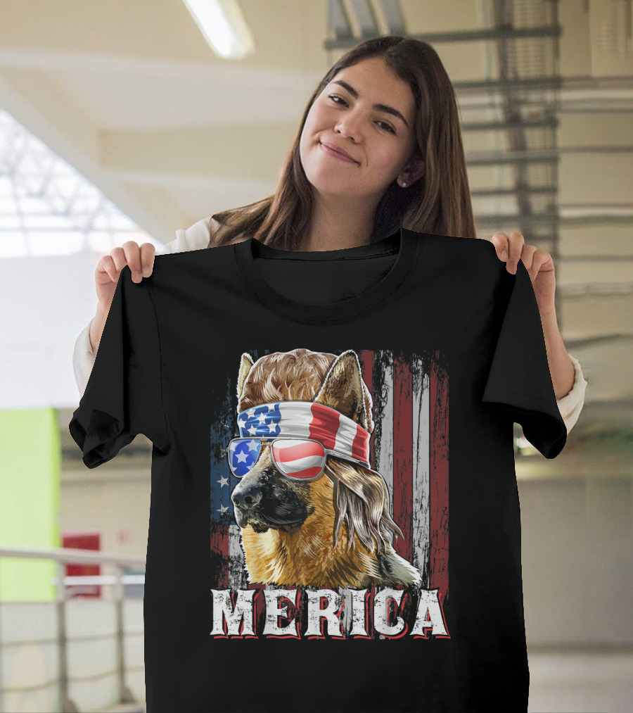 Merica German Shepherd Mullet USA Flag Glasses T-Shirt