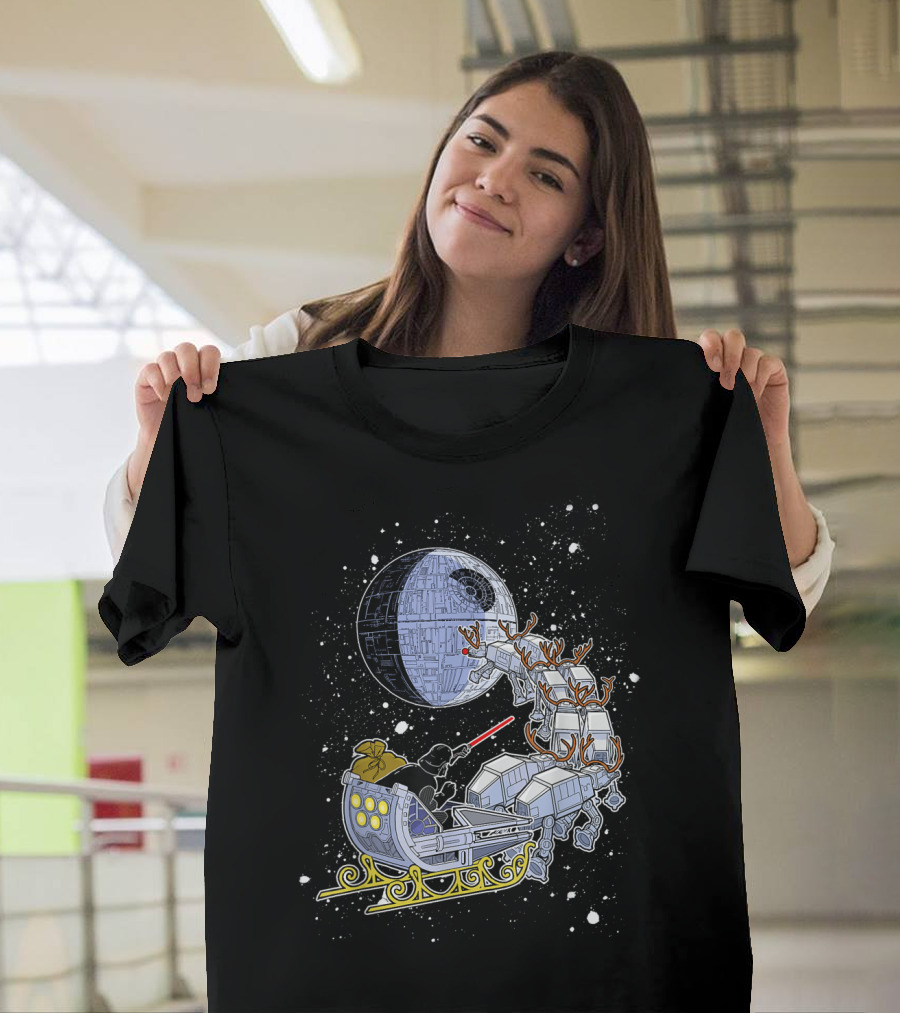 Vader Open Sleigh with AT-AT Reindeer and Death Star Background T-Shirt