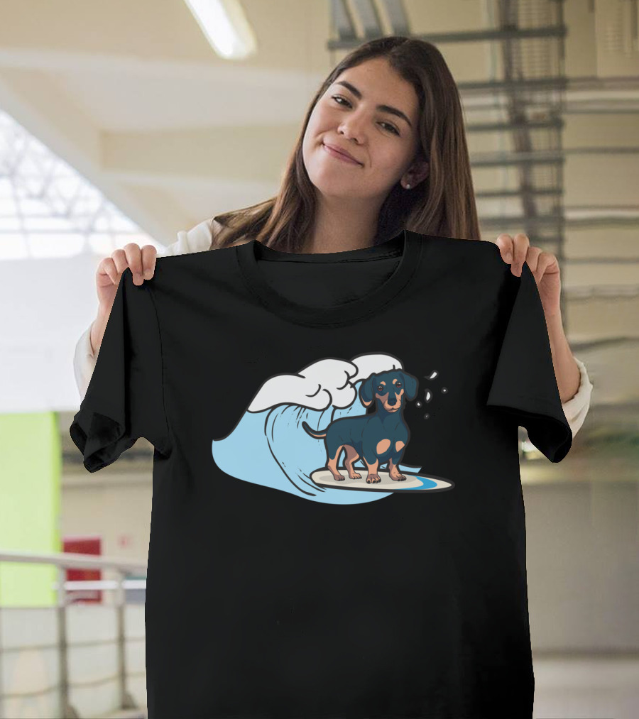 Surfing Dachshund Wiener Dog Riding Waves Cute Funny T-Shirt
