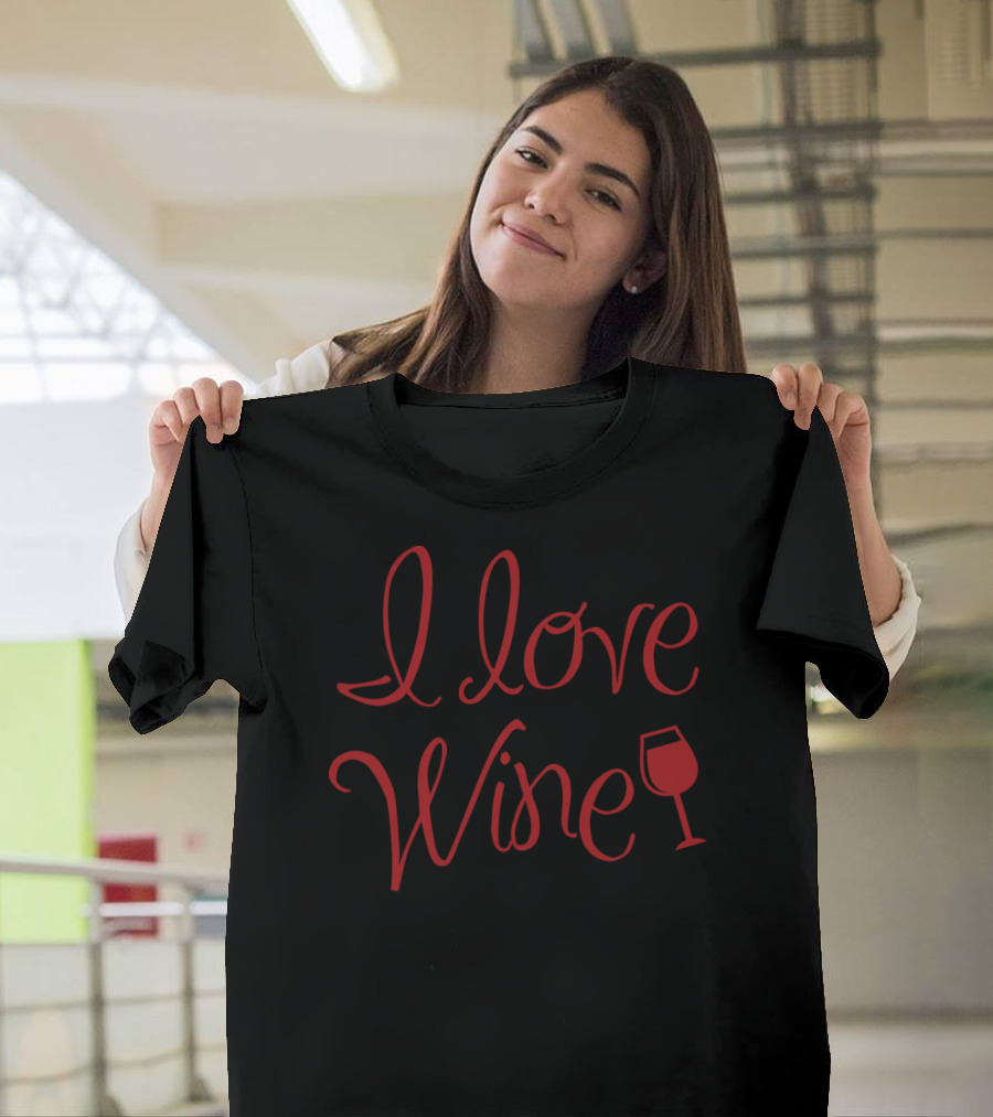 I Love Wine Red Text with Wine Glass T-Shirt