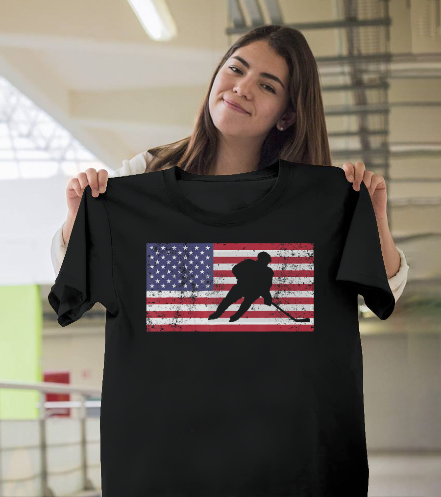 American Flag Hockey Player 4th of July USA T-Shirt