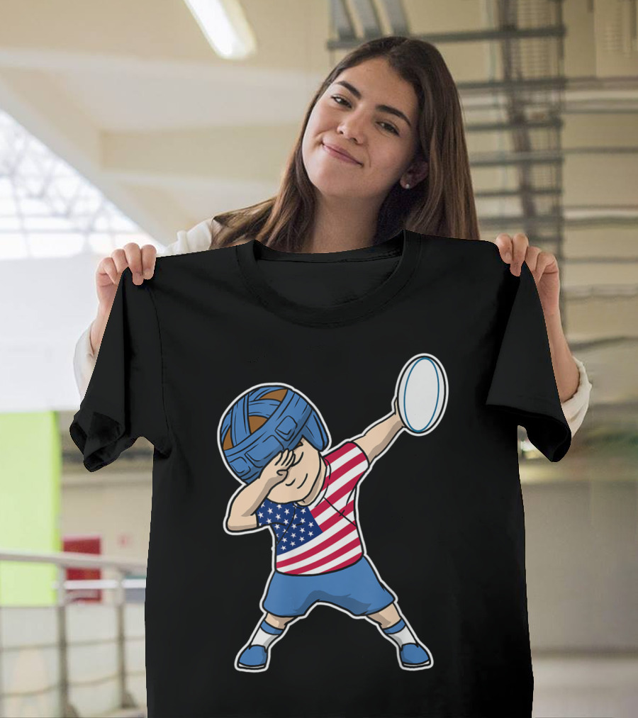 Dabbing Rugby Boy in American Flag Jersey USA T-Shirt