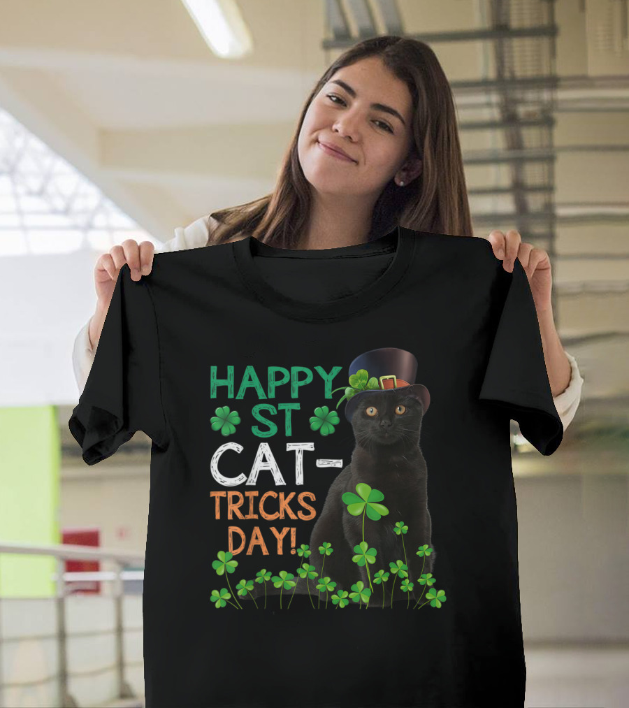 Happy St Cat Tricks Day Cat Leprechaun Hat Shamrocks T-Shirt