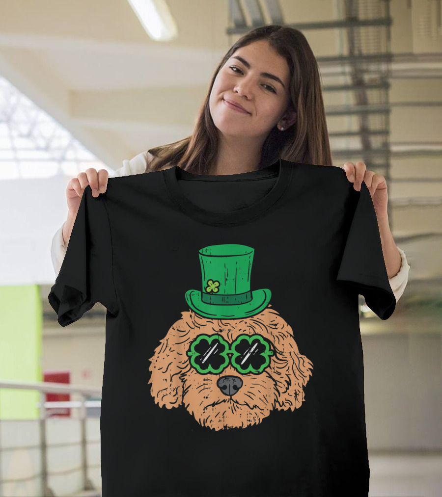 Irish Goldendoodle Doodle Dog St Patrick's Day Clover Hat Sunglasses T-Shirt