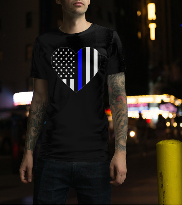 Love Our Police Officer Heart Thin Blue Line US Flag T-Shirt