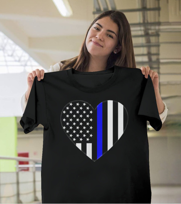 Love Our Police Officer Heart Thin Blue Line US Flag T-Shirt