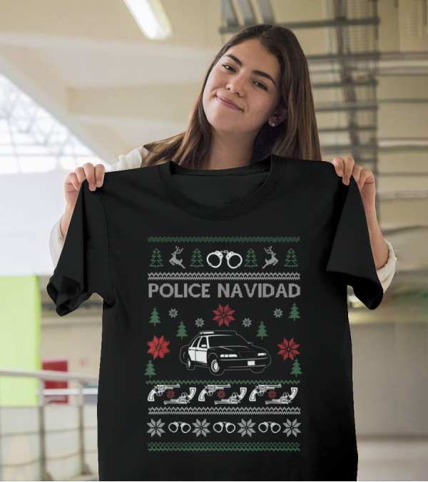 Police Navidad Christmas Sweater With Police Car And Handcuffs T-Shirt