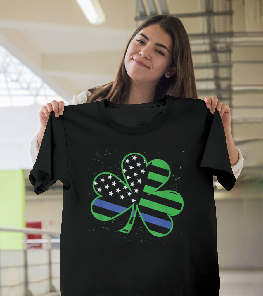 St. Patricks Day Shamrock Thin Blue Line American Flag Cops T-Shirt