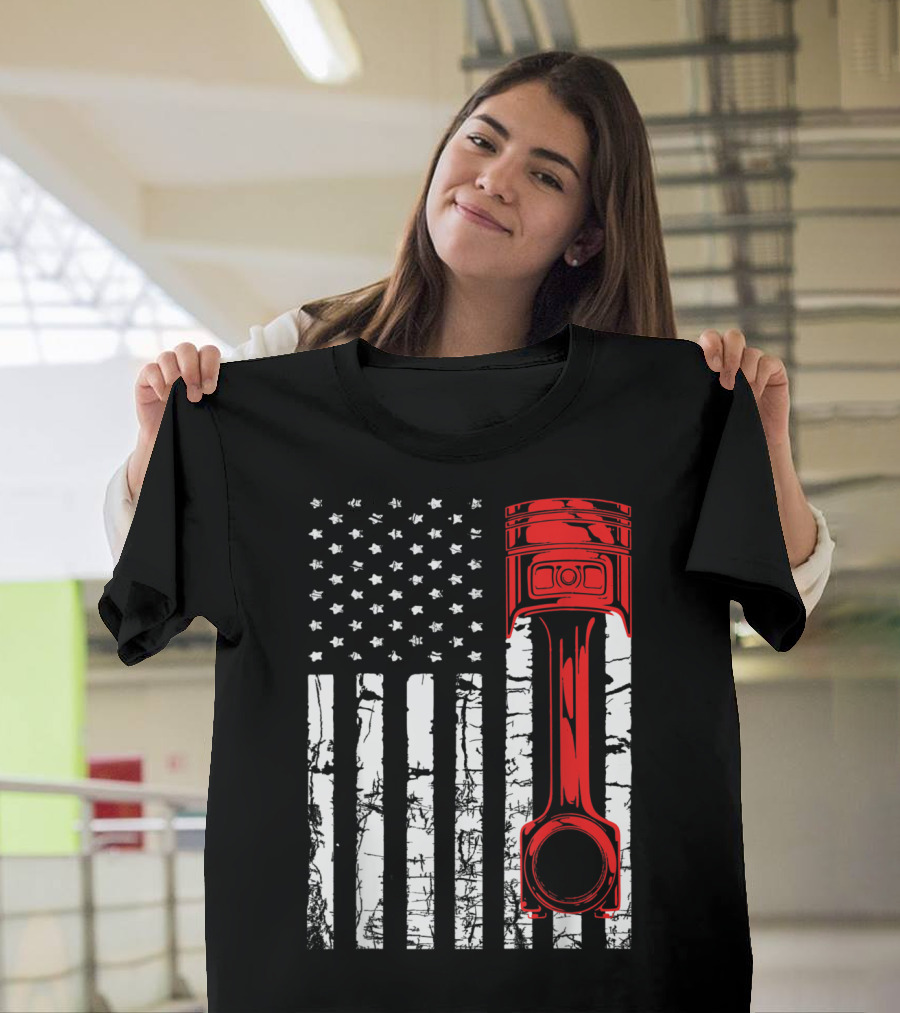 American Flag Patriotic Piston Mechanic T-Shirt