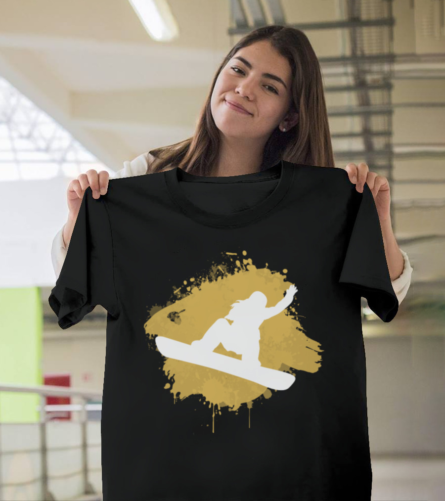 Snowboarding Girl Silhouette on Gold Splash T-Shirt