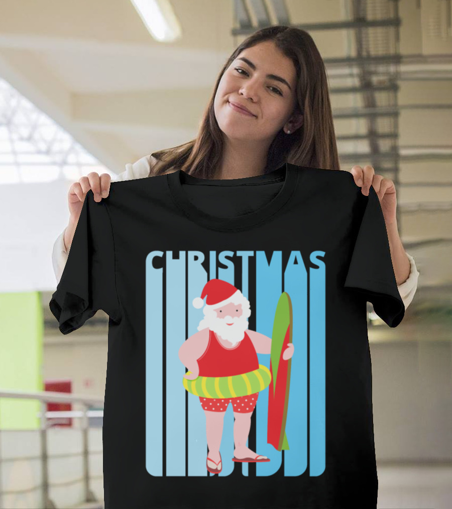 Funny Vintage Humourous Christmas Santa on Holiday with Surfboard T-Shirt