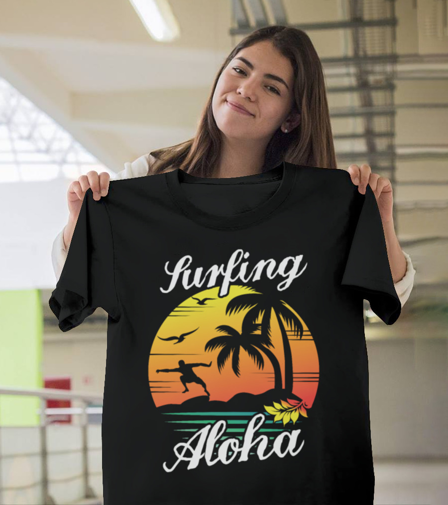 Surfing Aloha Tropical Sunset Cool Surfer with Palm Trees and Birds T-Shirt