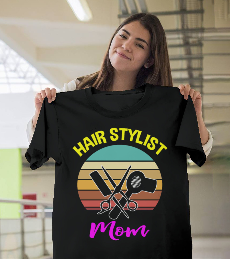 Hair Stylist Mom with Retro Tools Stripe Background T-Shirt