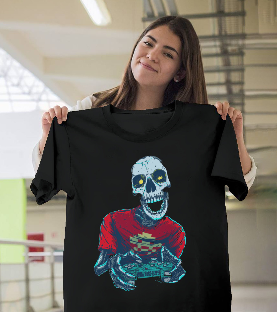 Skeleton with Final Boss Series Controller in Red T-Shirt