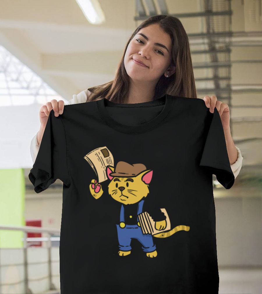 Baker Bear Vintage Newspaper Cat in Overalls and Hat T-Shirt