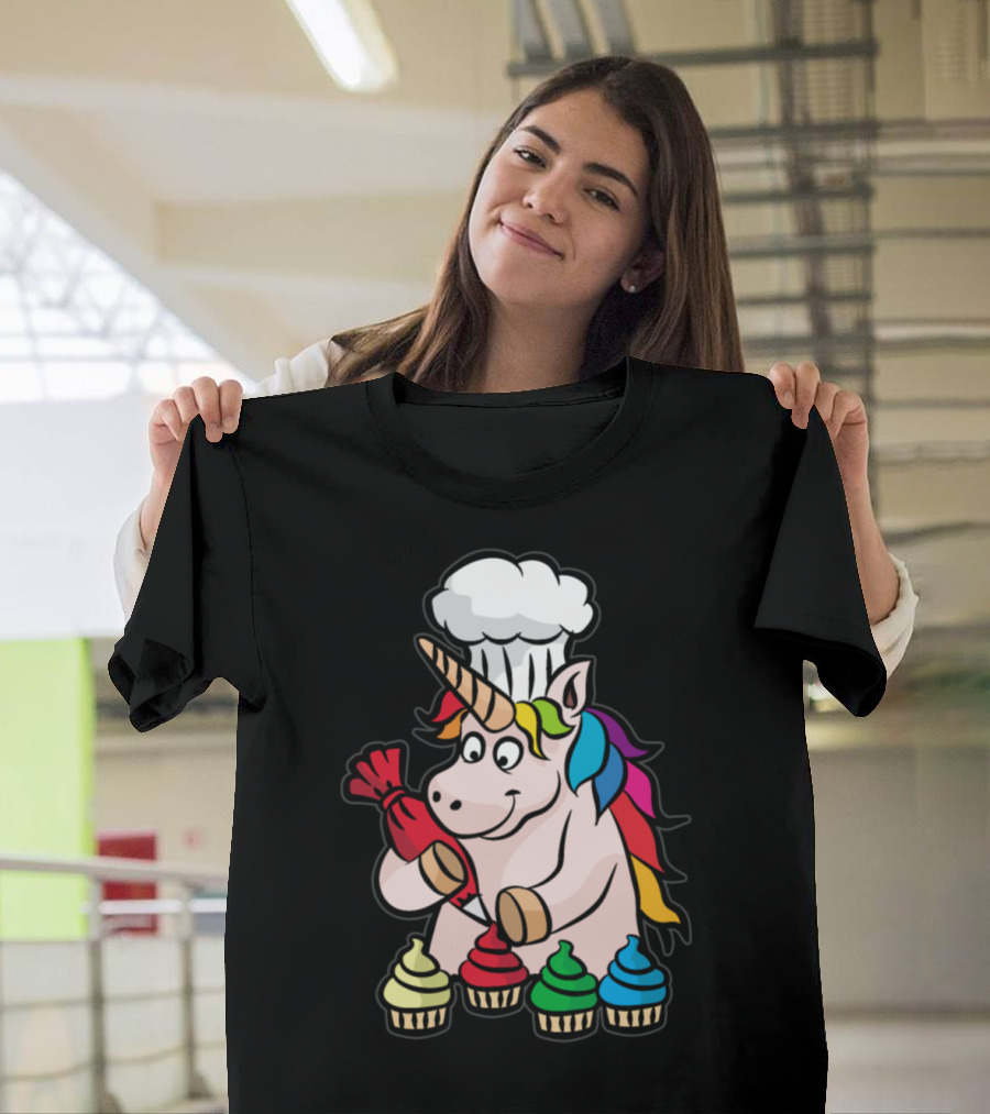Unicorn Chef Decorating Colorful Cupcakes Baking Delight T-Shirt