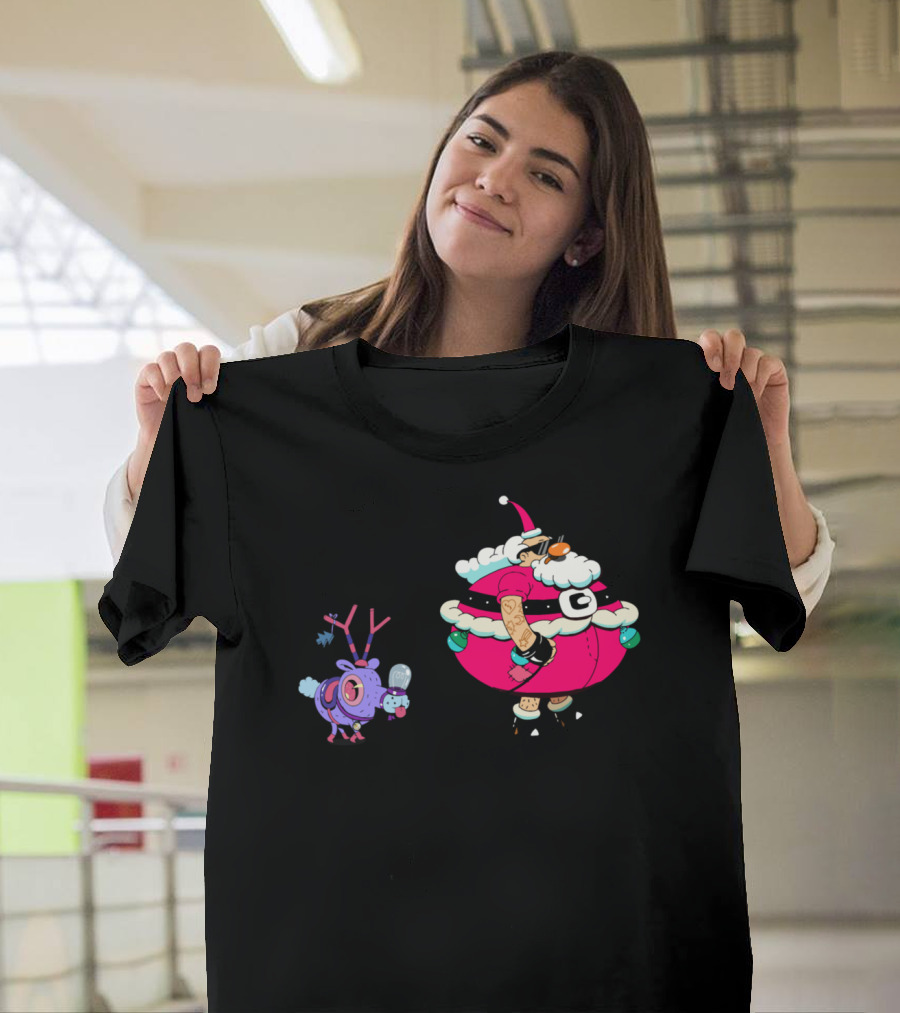 Santa Claus Walking Tattooed Reindeer T-Shirt