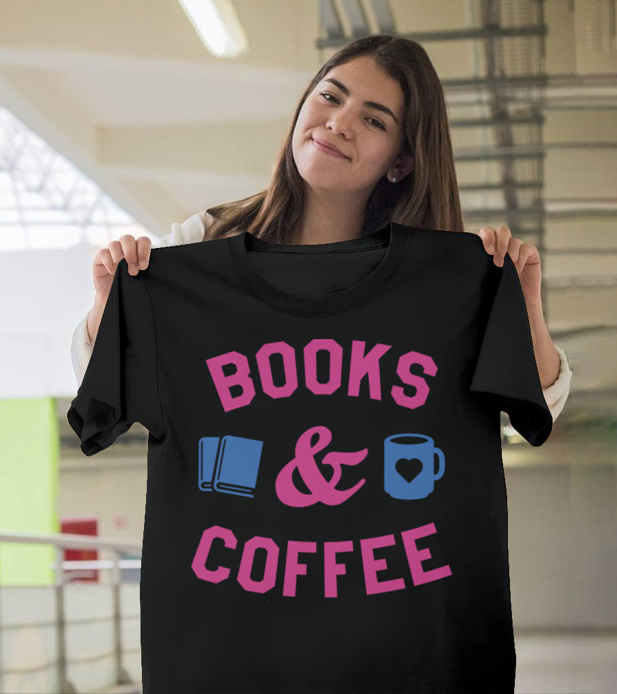 Books and Coffee Mug with Heart and Book Icons T-Shirt