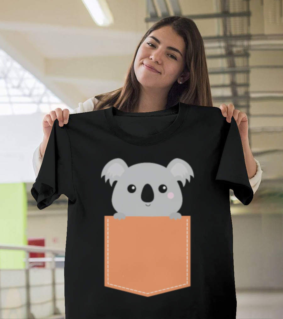 Baby Koala Bear Adorably Peeking from Pocket T-Shirt