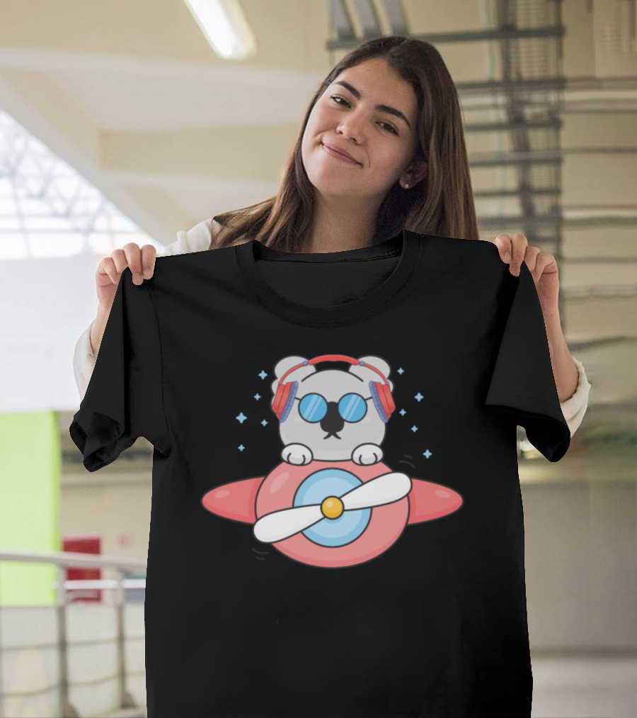 Koala Bear Airplane Pilot with Headphones and Sunglasses T-Shirt
