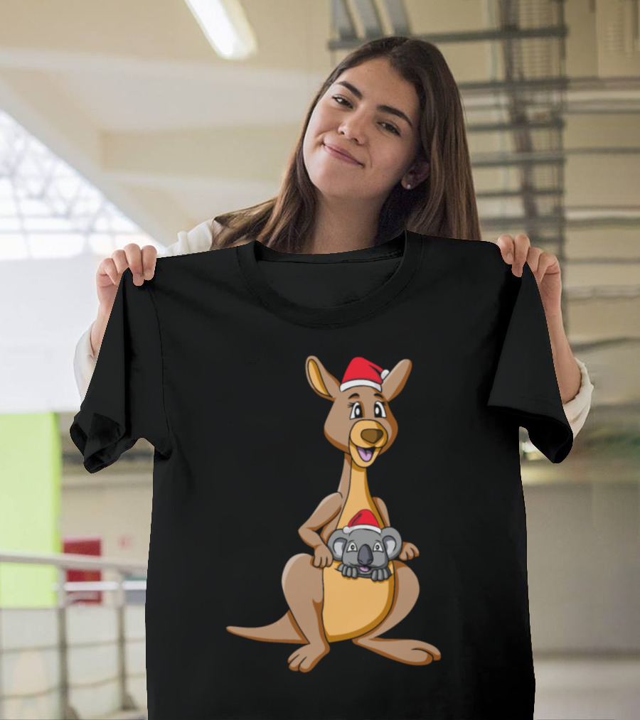Kangaroo and Koala with Christmas Hats Happy Holiday Scene T-Shirt