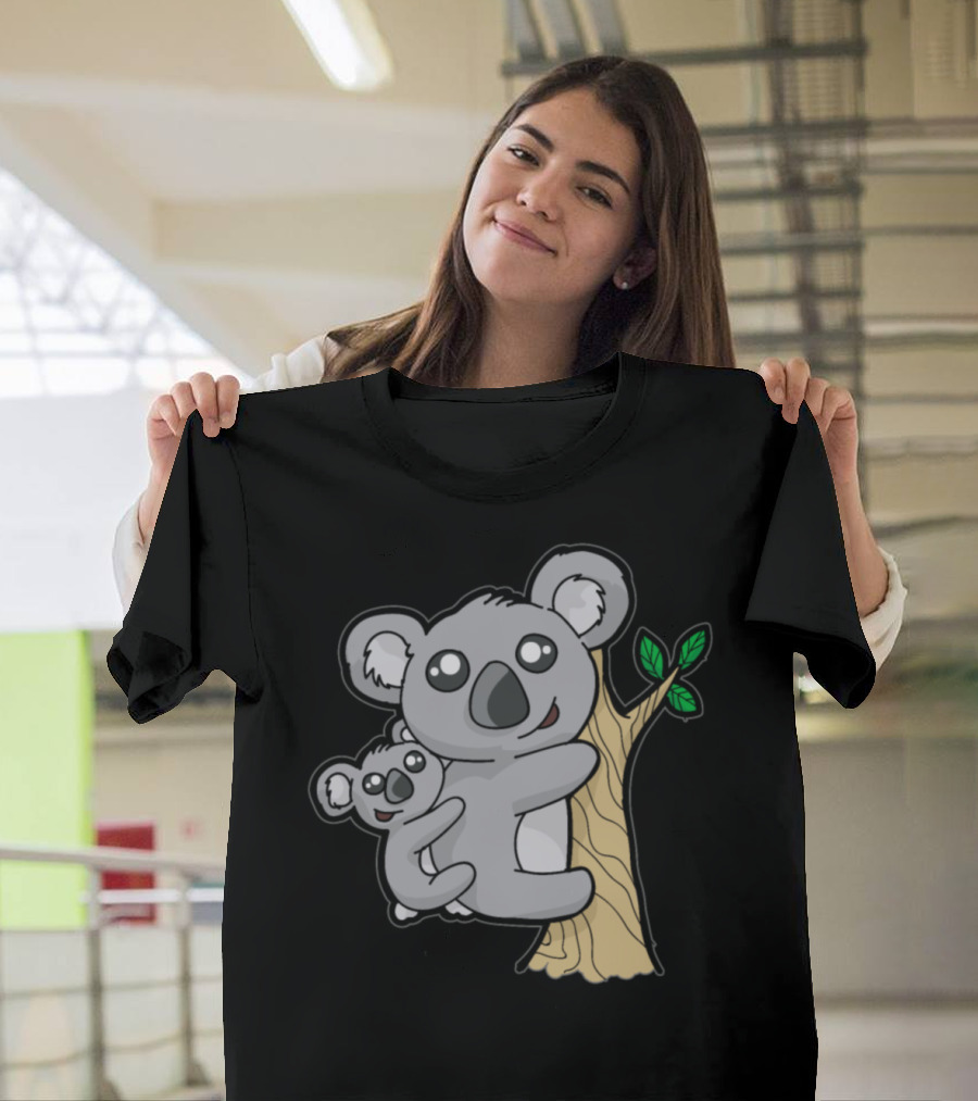 Koala Mama and Baby Hugging Eucalyptus Tree with Leaves T-Shirt