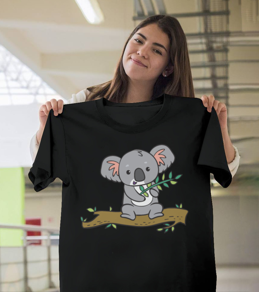 Koala Eating Eucalyptus Sitting on Tree Branch T-Shirt