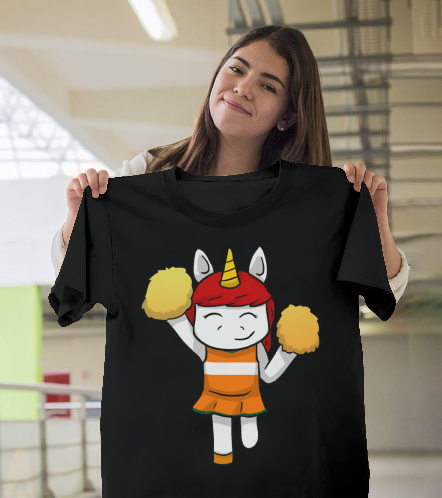 Unicorn Cheerleader with Orange and Yellow Pom-Poms T-Shirt