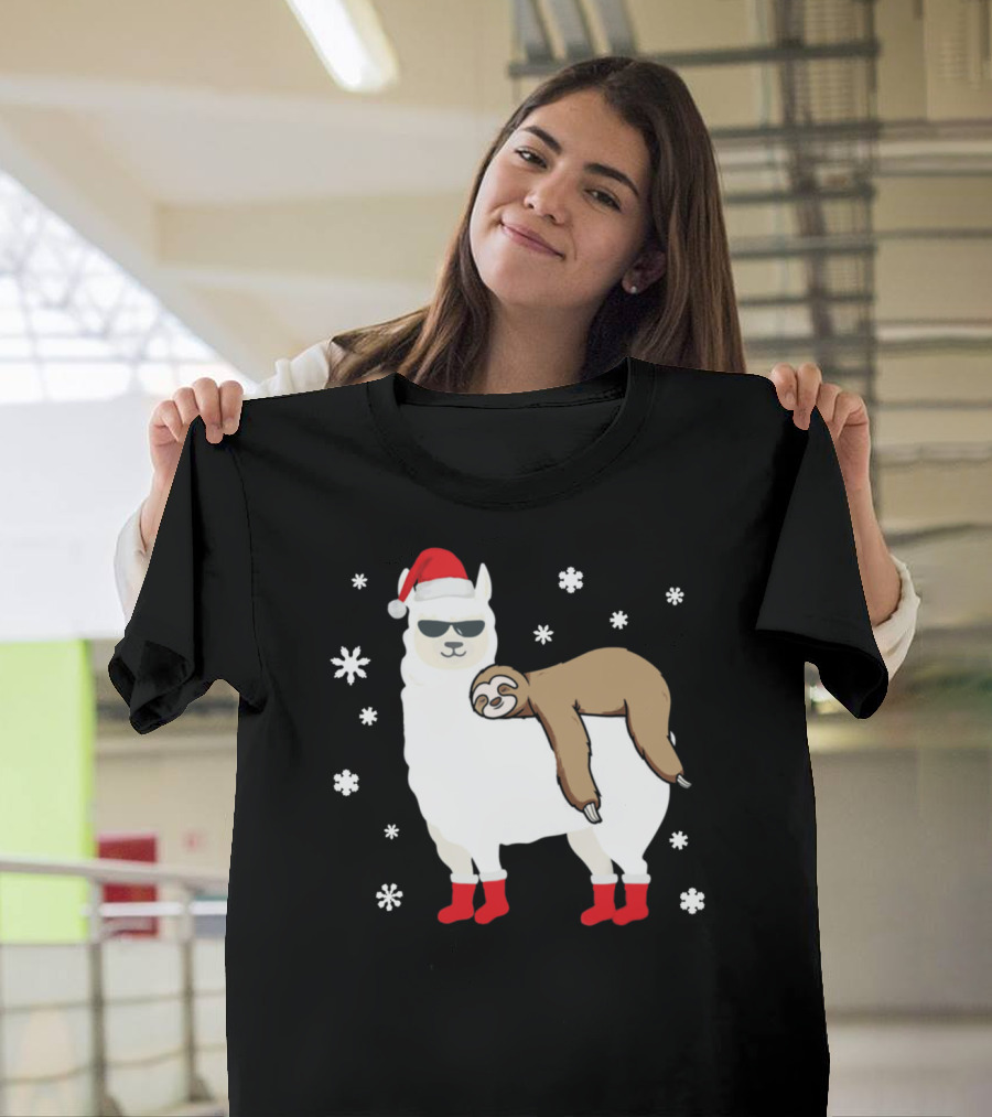 Sloth Riding Llama Santa Hat Sunglasses Christmas Snowflakes T-Shirt
