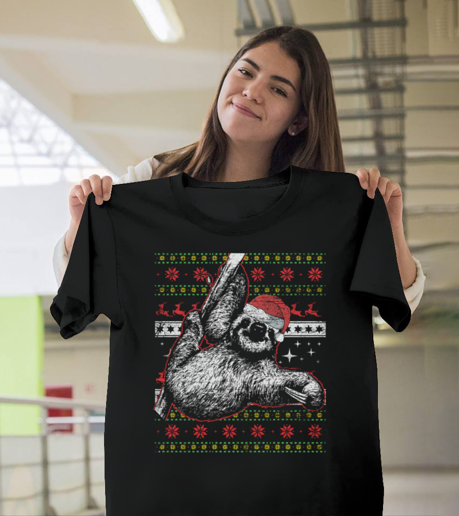 Sloth Santa Hat Reindeer Pattern Ugly ChristmasXmas Animals T-Shirt