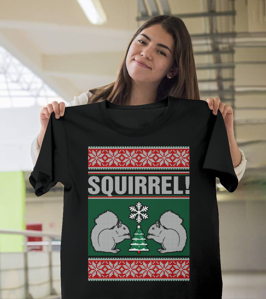 Squirrel Christmas Sweater Pattern with Snowflakes and Tree T-Shirt