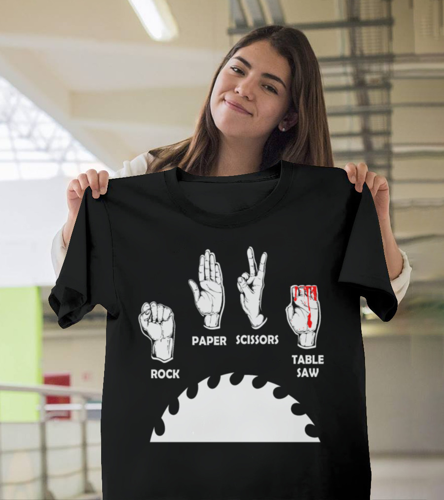 Rock Paper Scissors Hand Gestures with Bloody Table Saw Blade T-Shirt